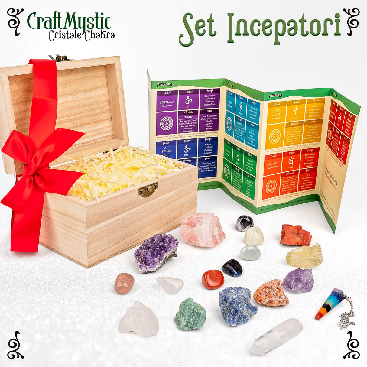 Set premium 18 piese cristale si pietre naturale vindecatoare chakra in cutie de lemn - Ideal pentru meditatie, spiritualitate, echilibrarea chakrelor – Include pendul chakra, ametist, cuart roz nesle