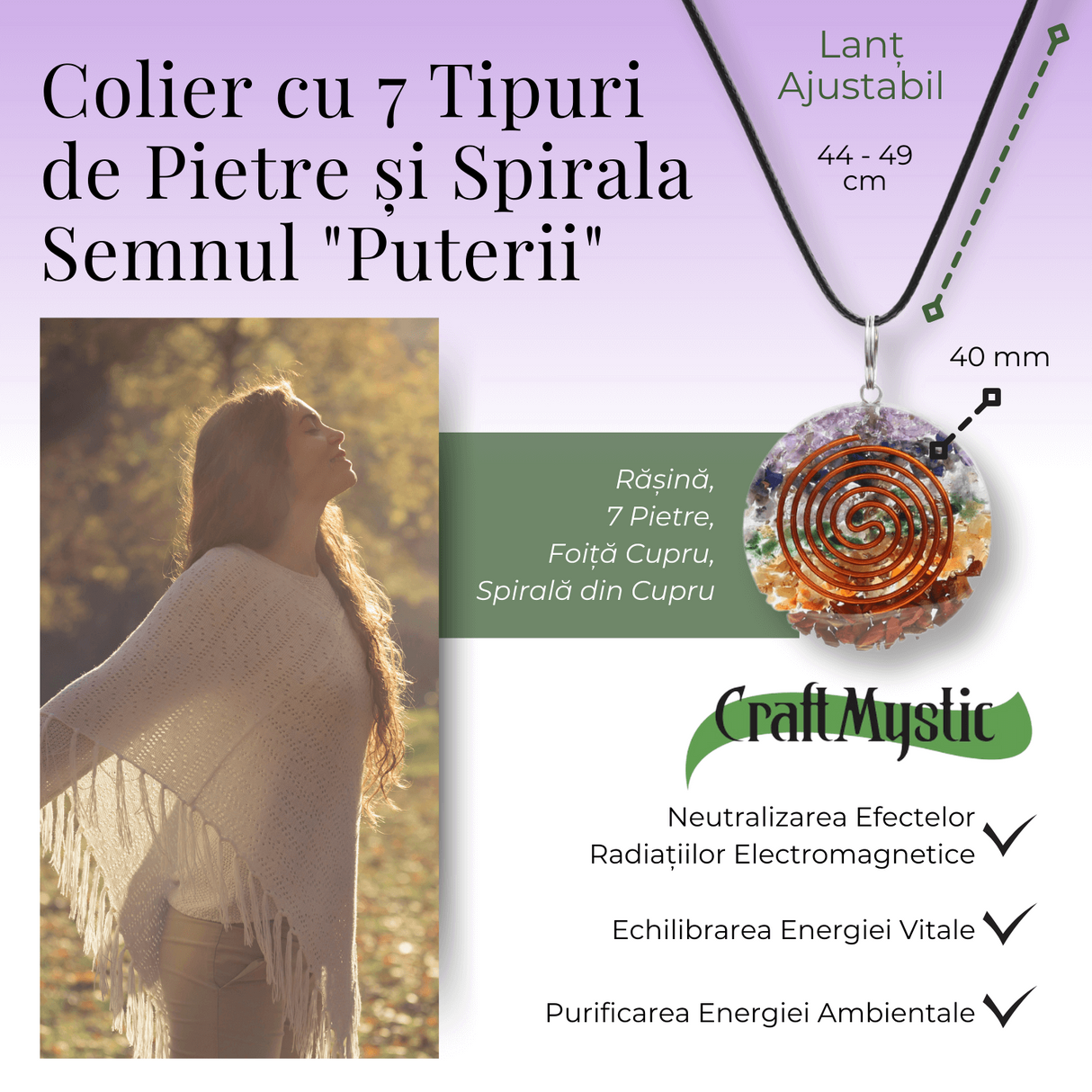 Colier Reglabil Orgonic cu Pietre pentru Cele 7 Chakre si Semnul "Puterii" Spirala