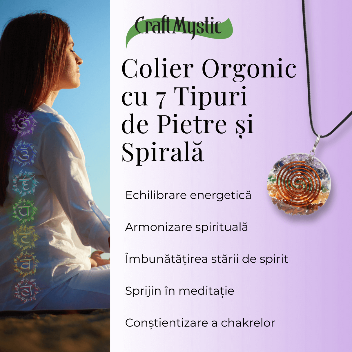 Colier Reglabil Orgonic cu Pietre pentru Cele 7 Chakre si Semnul "Puterii" Spirala