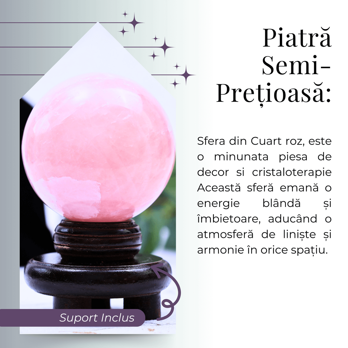 Sfera 80 mm din Cuart Roz Natural cu Suport - Promoveaza Iubirea si Armonia