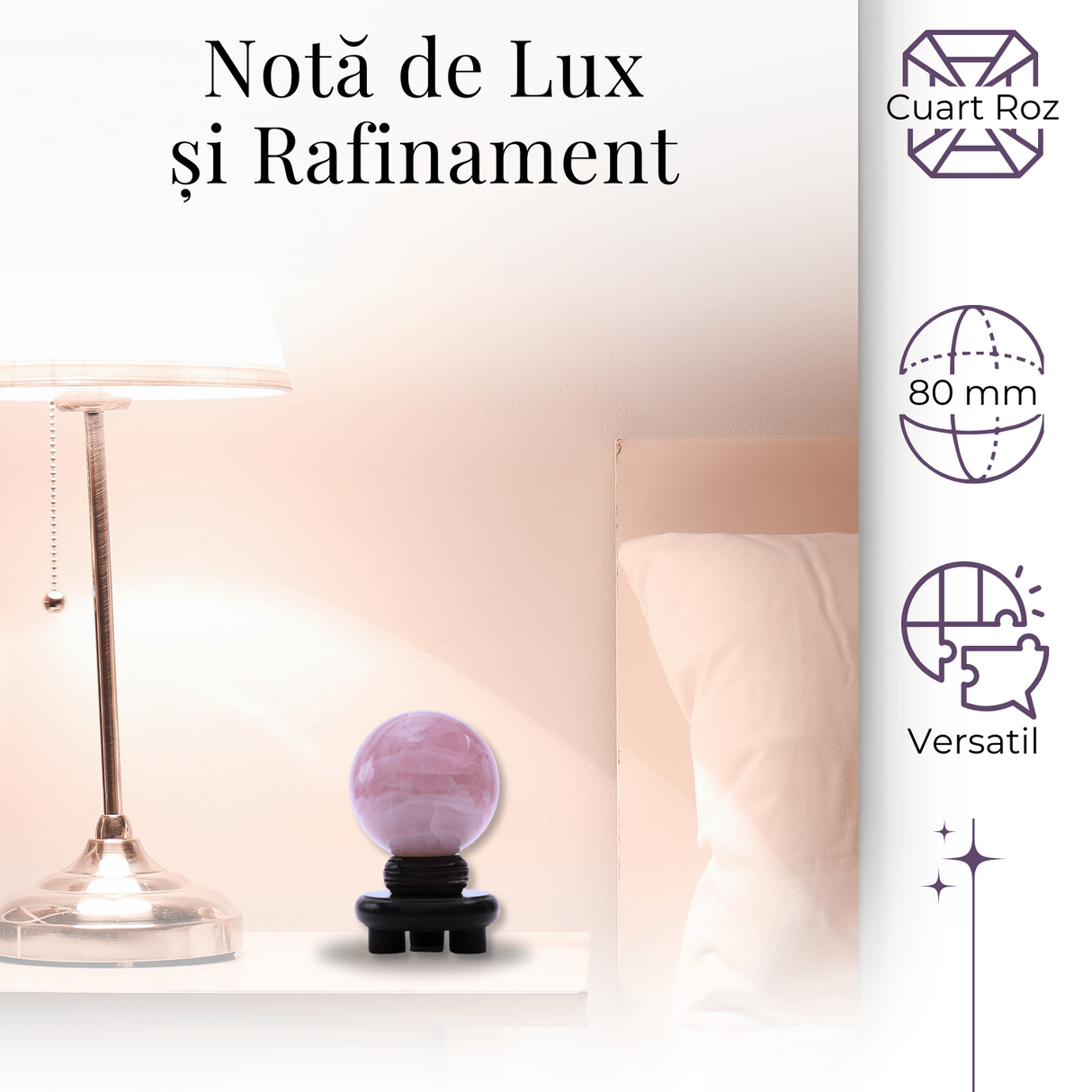 Sfera 80 mm din Cuart Roz Natural cu Suport - Promoveaza Iubirea si Armonia