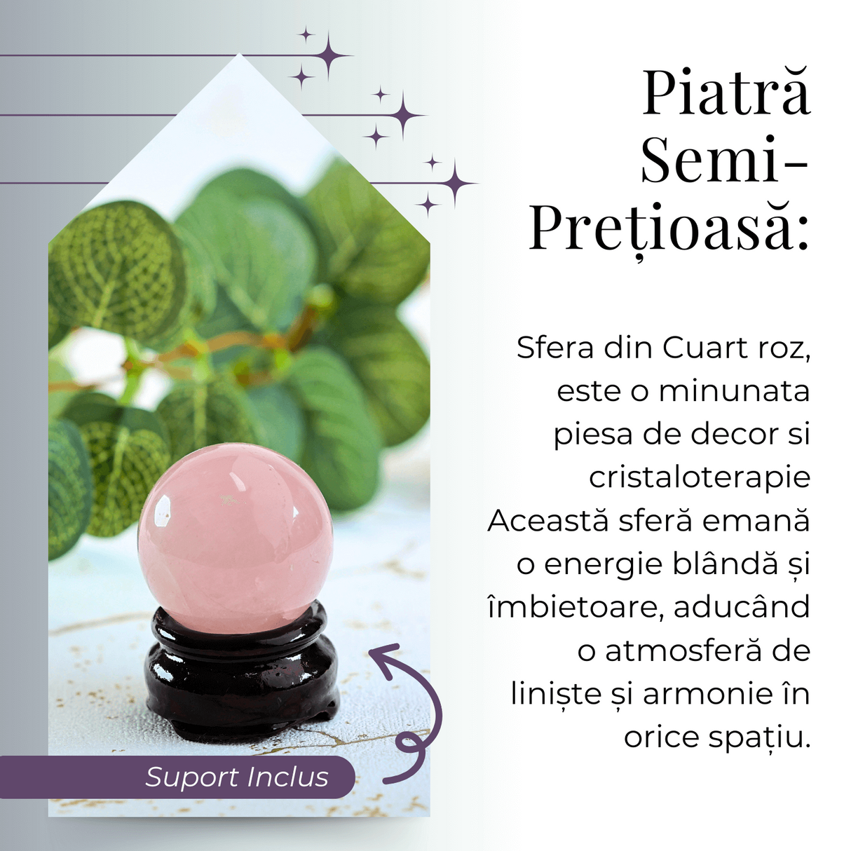 Sfera din Cuart Roz 35-40 mm cu Suport Inclus - Promoveaza Iubirea de Sine și Armonia