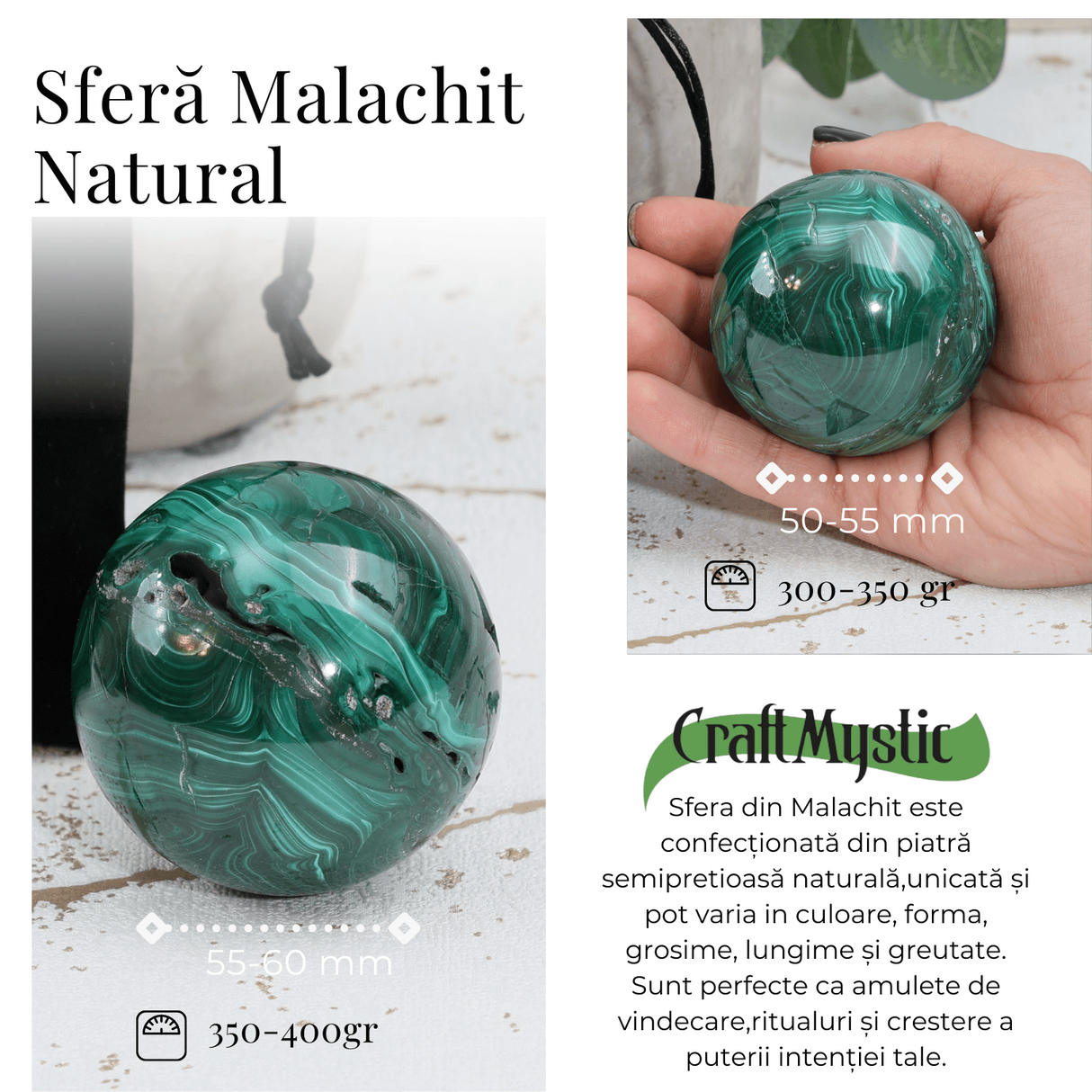 Sfera de Malachit Natural 55-60 mm, 350-400 gr - Patrunde in Miezul Beneficiilor Naturii