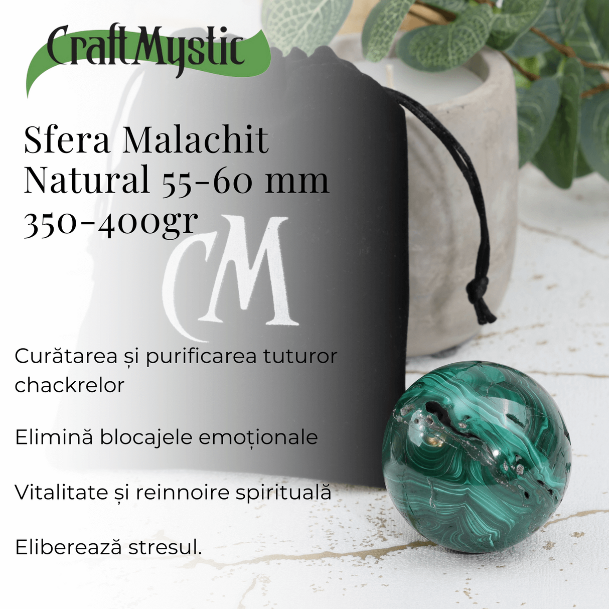 Sfera de Malachit Natural 55-60 mm, 350-400 gr - Patrunde in Miezul Beneficiilor Naturii