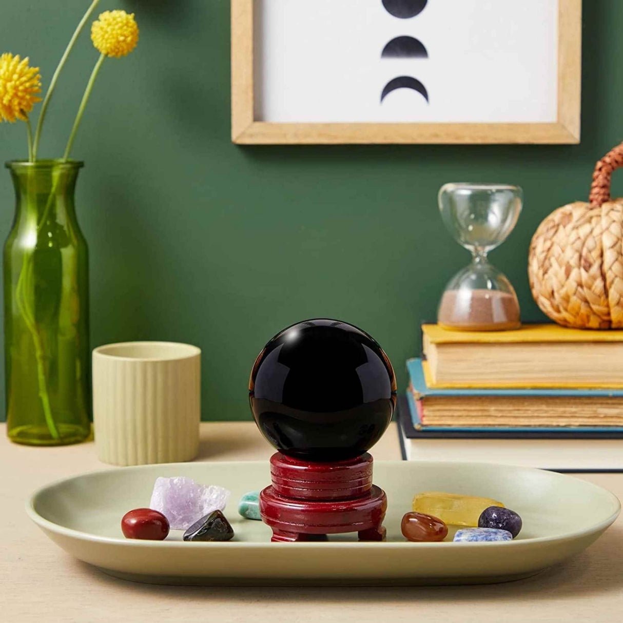 Sfera obsidian negru 80 mm, minge de cristal decorativa, cu suport de lemn -  Pentru decor, meditație, vindecare
