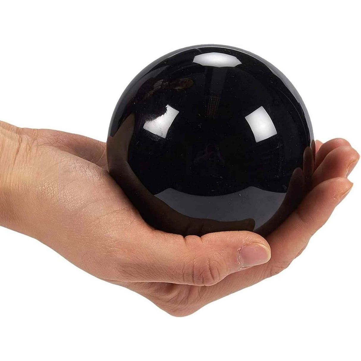 Sfera obsidian negru 80 mm, minge de cristal decorativa, cu suport de lemn -  Pentru decor, meditație, vindecare