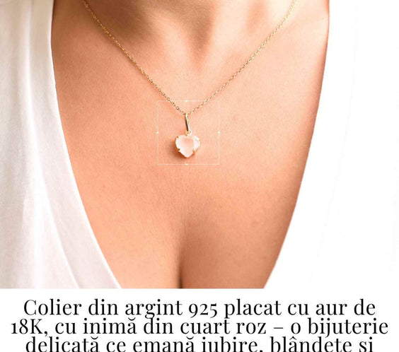 Iubire si Blandete – Colier din Argint 925 Placat cu Aur 18K cu Cuart Roz fatetat in Forma de Inima