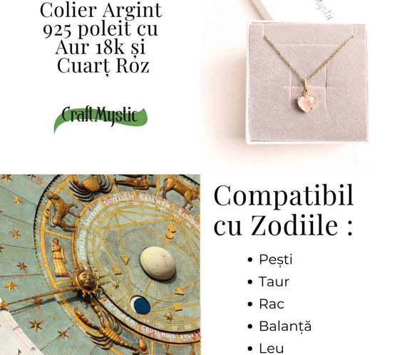 Iubire si Blandete – Colier din Argint 925 Placat cu Aur 18K cu Cuart Roz fatetat in Forma de Inima