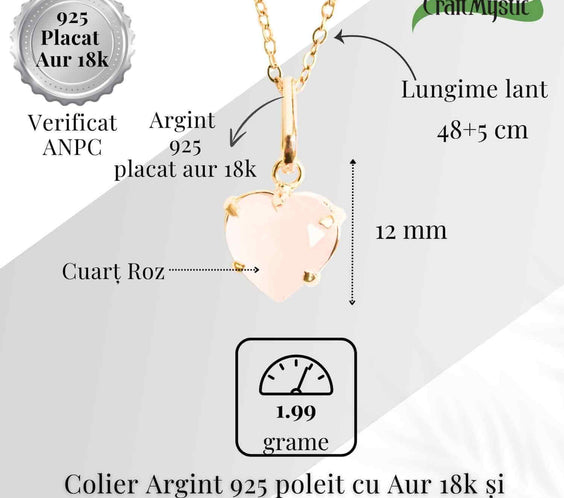 Iubire si Blandete – Colier din Argint 925 Placat cu Aur 18K cu Cuart Roz fatetat in Forma de Inima