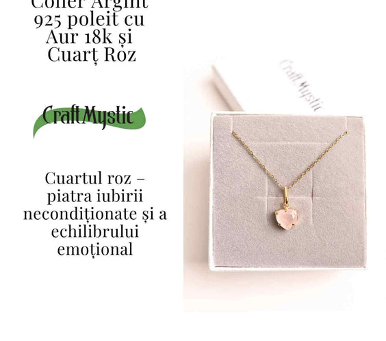 Iubire si Blandete – Colier din Argint 925 Placat cu Aur 18K cu Cuart Roz fatetat in Forma de Inima