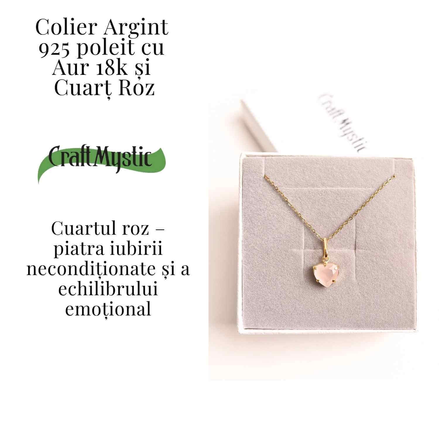 Iubire si Blandete – Colier din Argint 925 Placat cu Aur 18K cu Cuart Roz fatetat in Forma de Inima