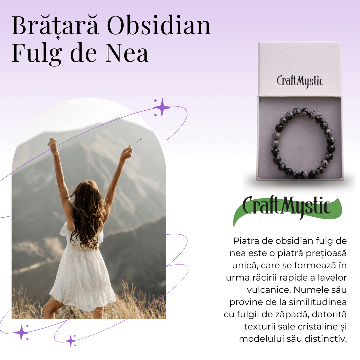 Bratara Elastica cu Margele Naturale de 8mm din Obsidian Fulg de Nea