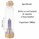 Sticla pentru apa cu varf cristal Ametist si Bambus - Capacitate 500 ml si include husa de protectie neagra