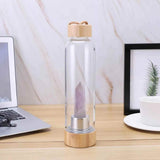 Sticla pentru apa cu varf cristal Ametist si Bambus - Capacitate 500 ml si include husa de protectie neagra
