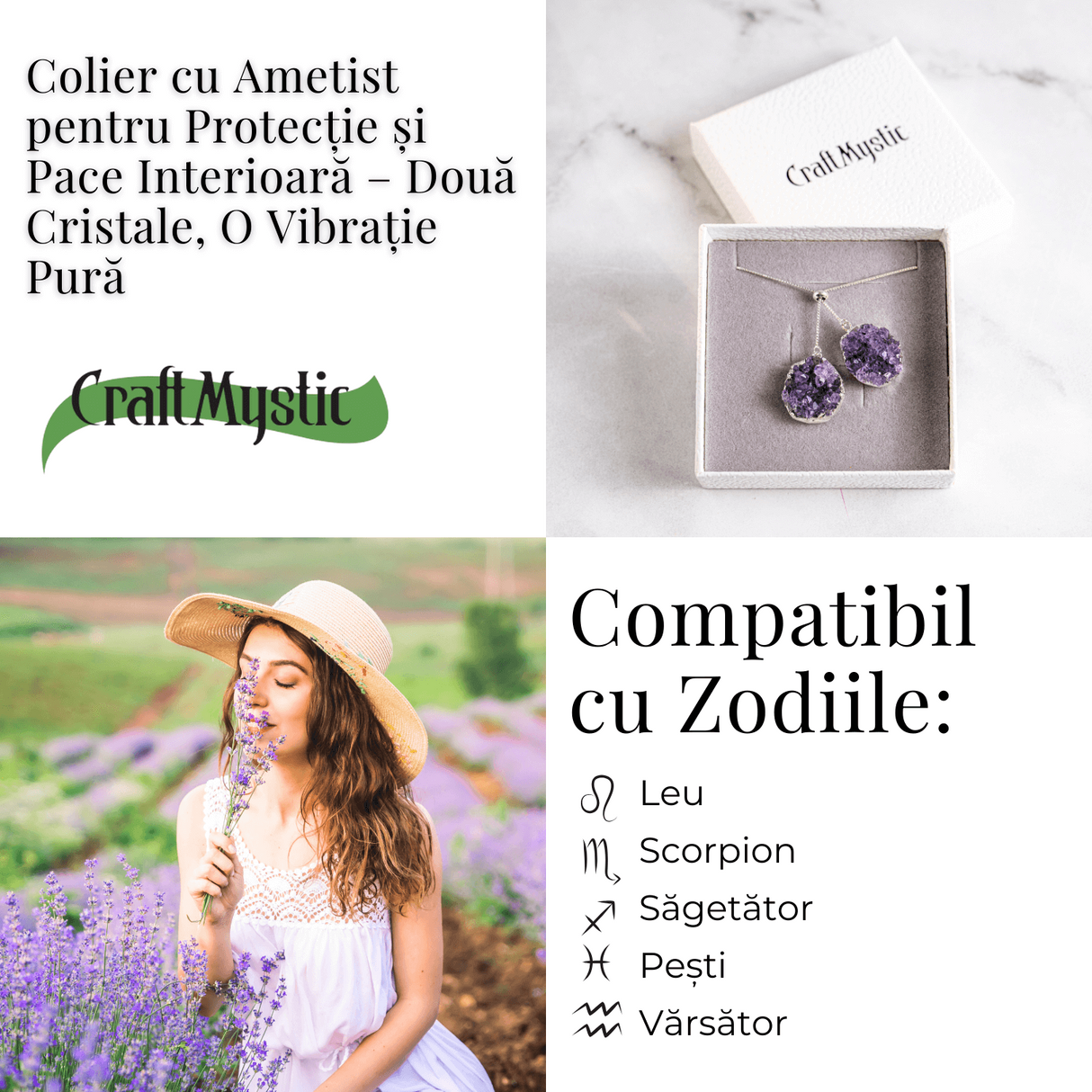 Doua cristale, o vibratie pura – Colier cu ametist pentru protectie si pace interioara
