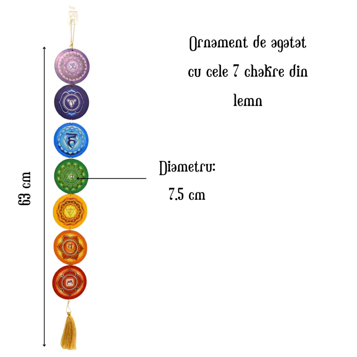 Decor pentru Perete cu franjuri reprezentand Cele 7 Chakre, Realizat din Lemn, cu Lungimea de 65 cm