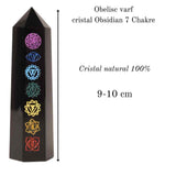 Turn de cristal din Obsidian Negru 9-10 cm cu cele 7 Chakre - Baghetă hexagonală pentru vindecare, reiki și decor pentru casă și birou
