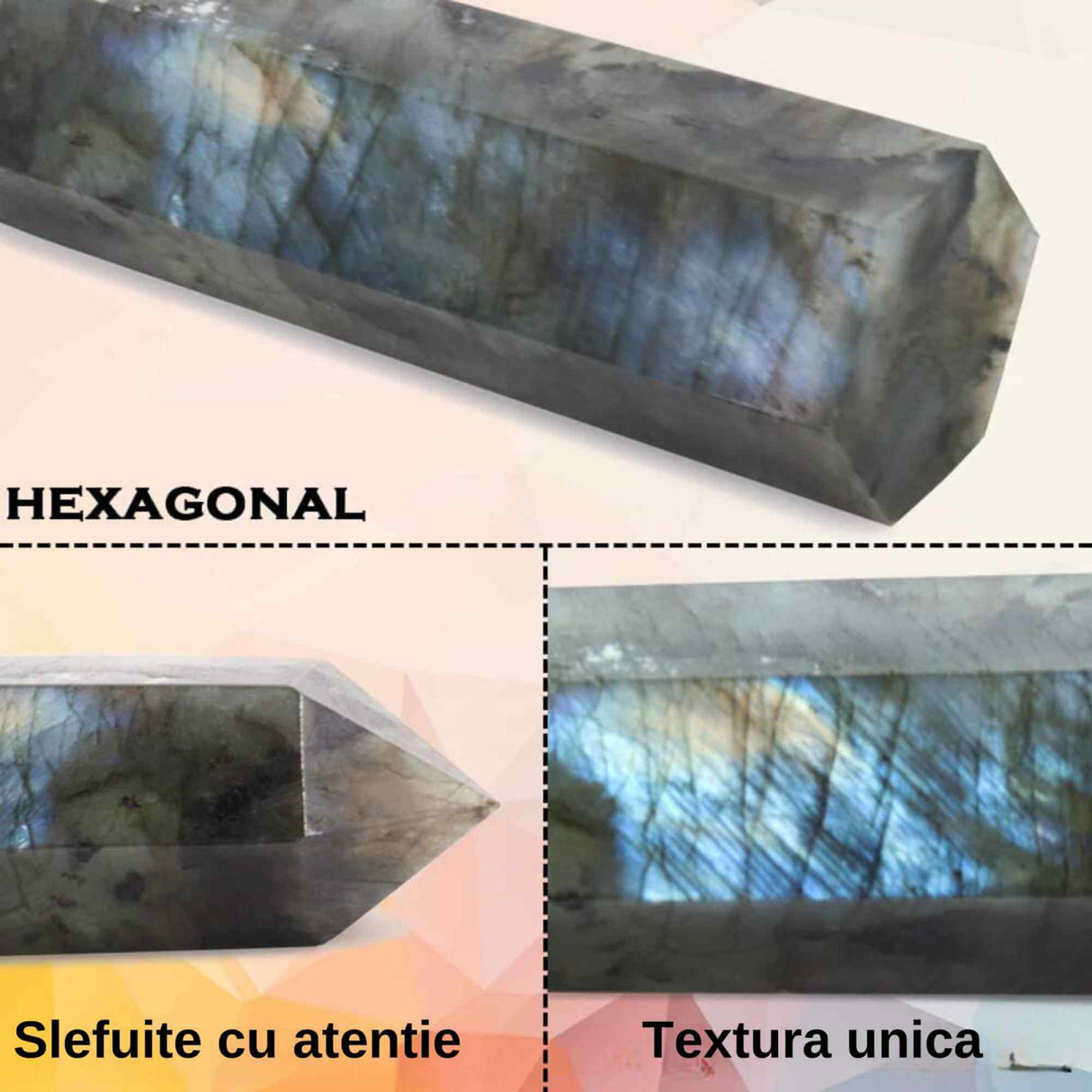 Bagheta din cristal natural de labradorit 10-11 cm - Turn de cristal vindecator, baghete mari naturale cu 6 puncte fatetate pentru Reiki, chakra, meditatie, colectie, decor acasa