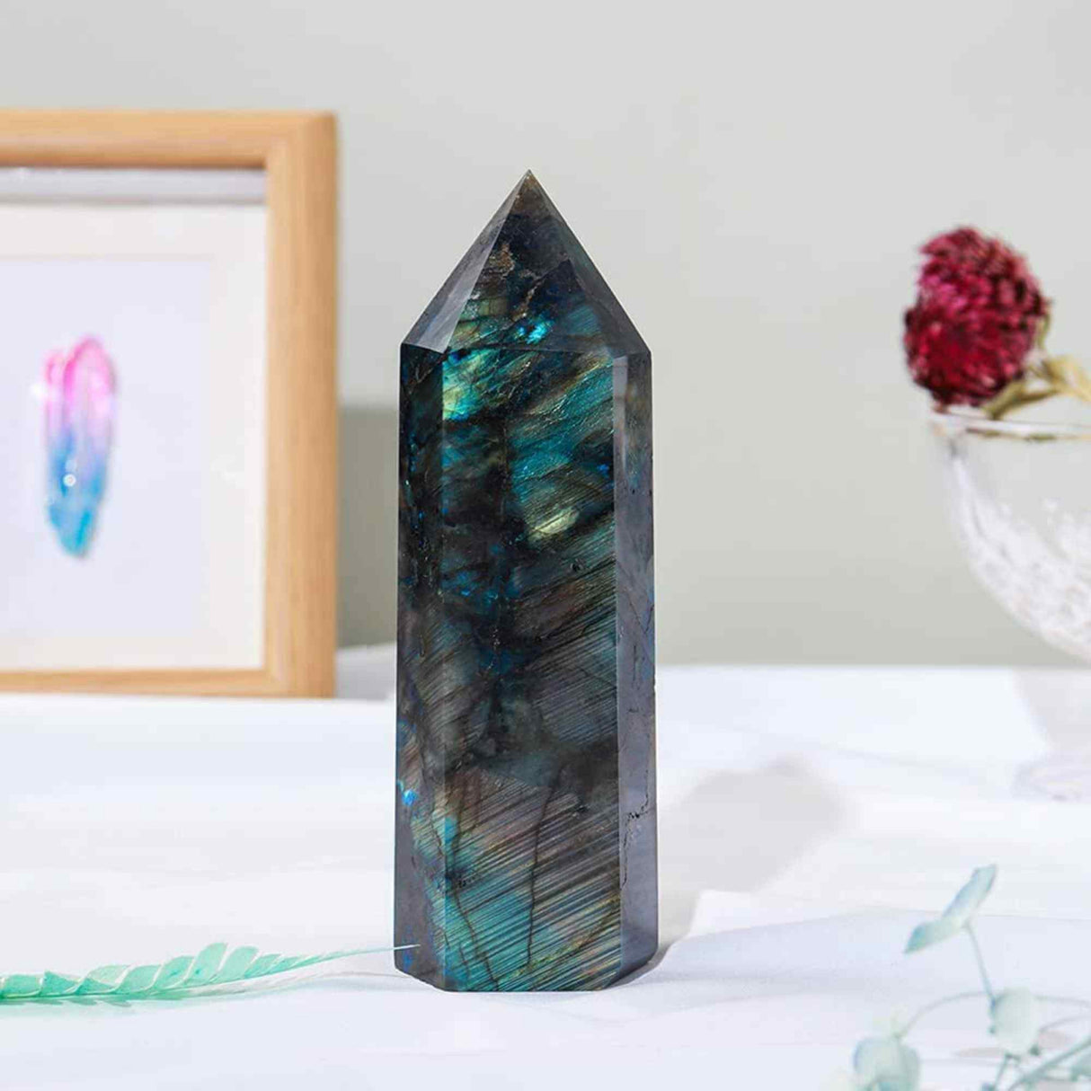 Bagheta din cristal natural de labradorit 10-11 cm - Turn de cristal vindecator, baghete mari naturale cu 6 puncte fatetate pentru Reiki, chakra, meditatie, colectie, decor acasa
