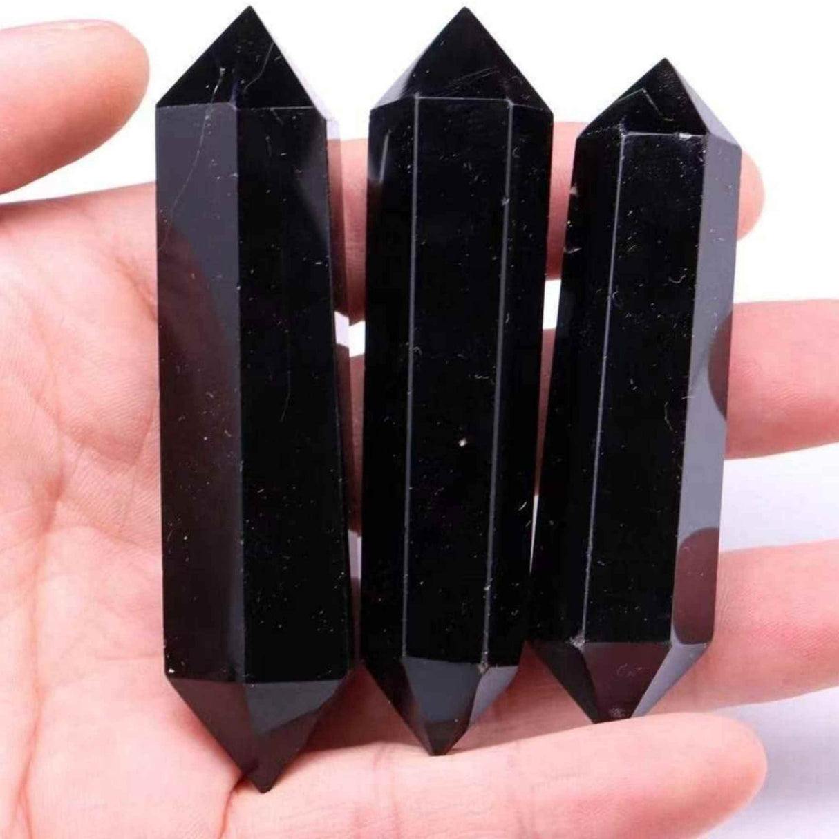 Turn Hexagonal Dublu Varf din Obsidian Negru inaltime de 7-9 cm - cristal de protectie puternic, care actioneaza ca un scut impotriva negativitatii si a stresului