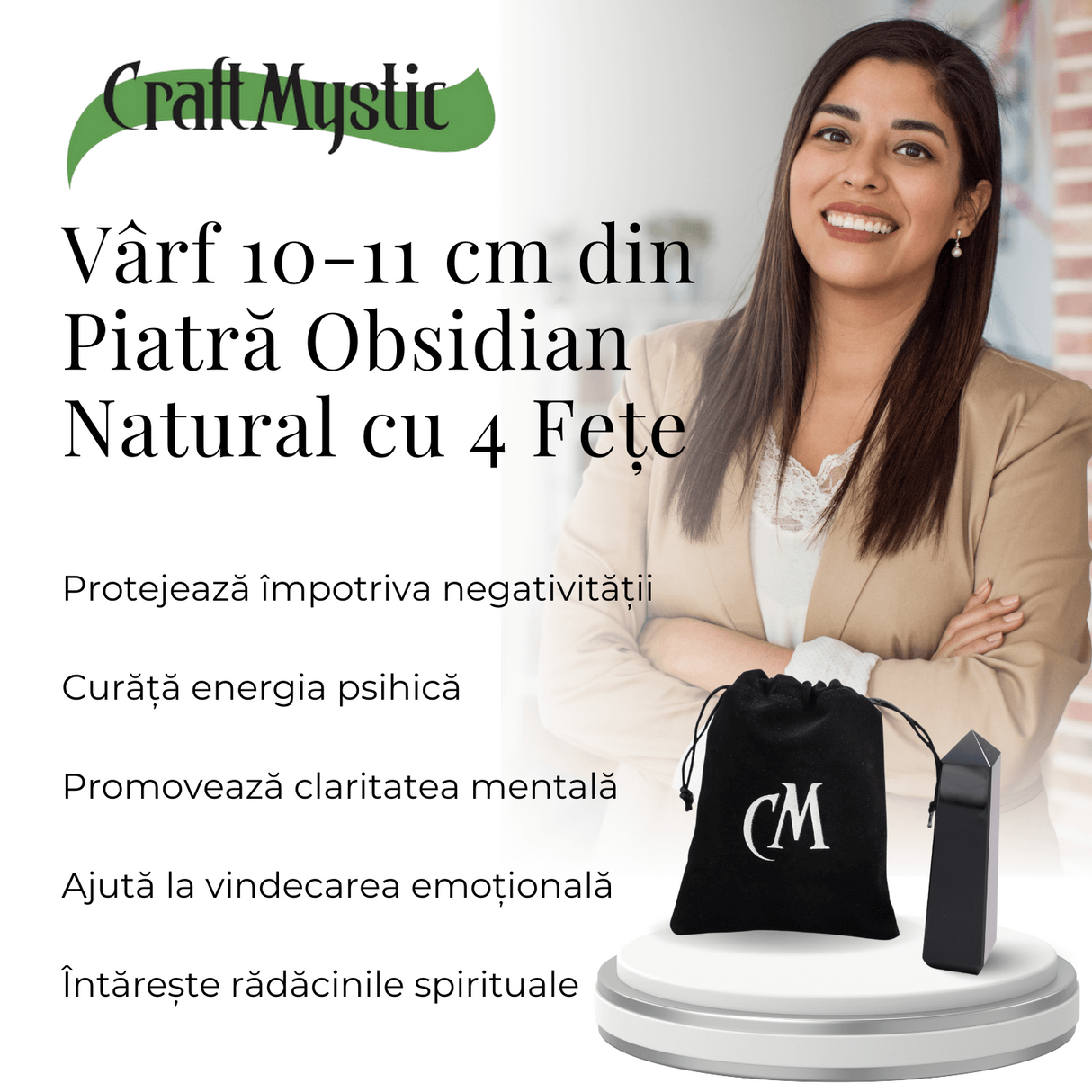 Varf din Obsidian Natural cu 4 Fatete, 10-11 cm
