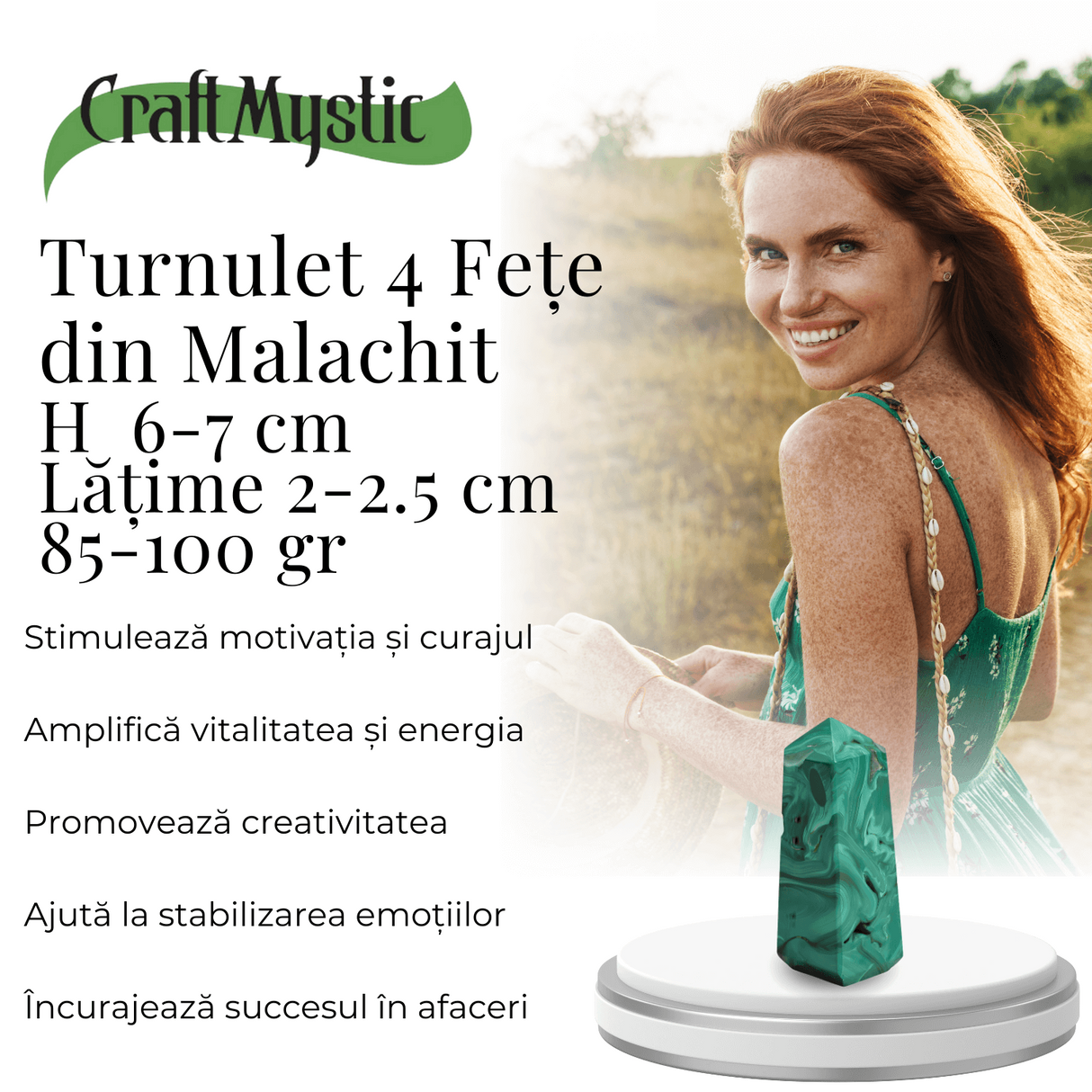 Turnulet 4 fete din Malachit H = 6-7 cm latime 2-2.5 cm 85-100 gr - Concentrare Energetica și Protectie