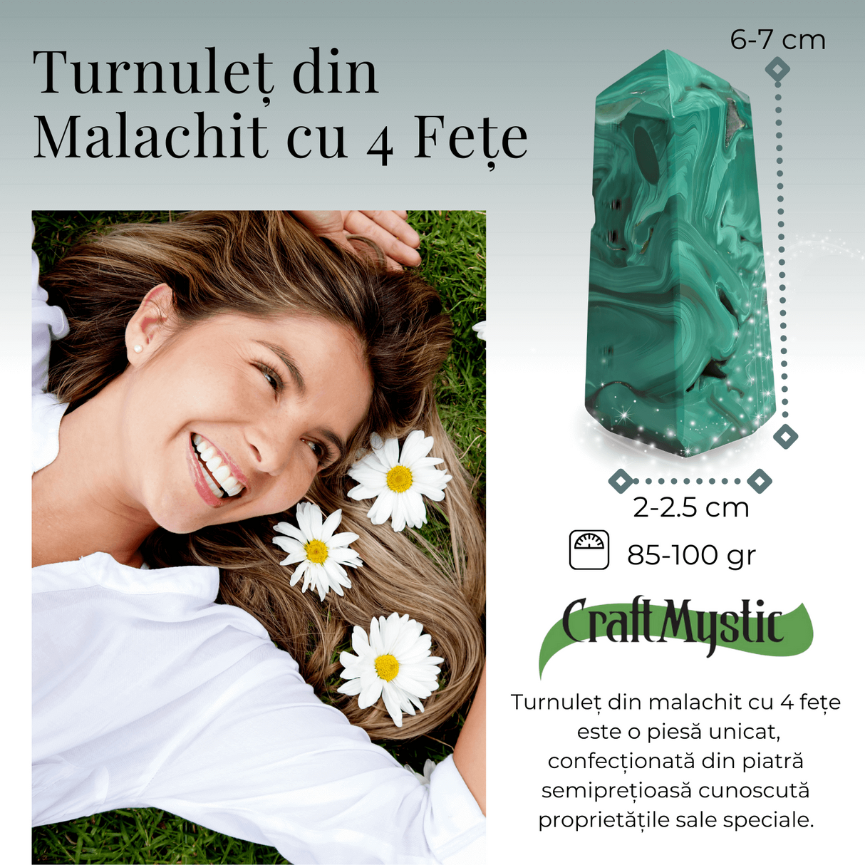 Turnulet 4 fete din Malachit H = 6-7 cm latime 2-2.5 cm 85-100 gr - Concentrare Energetica și Protectie