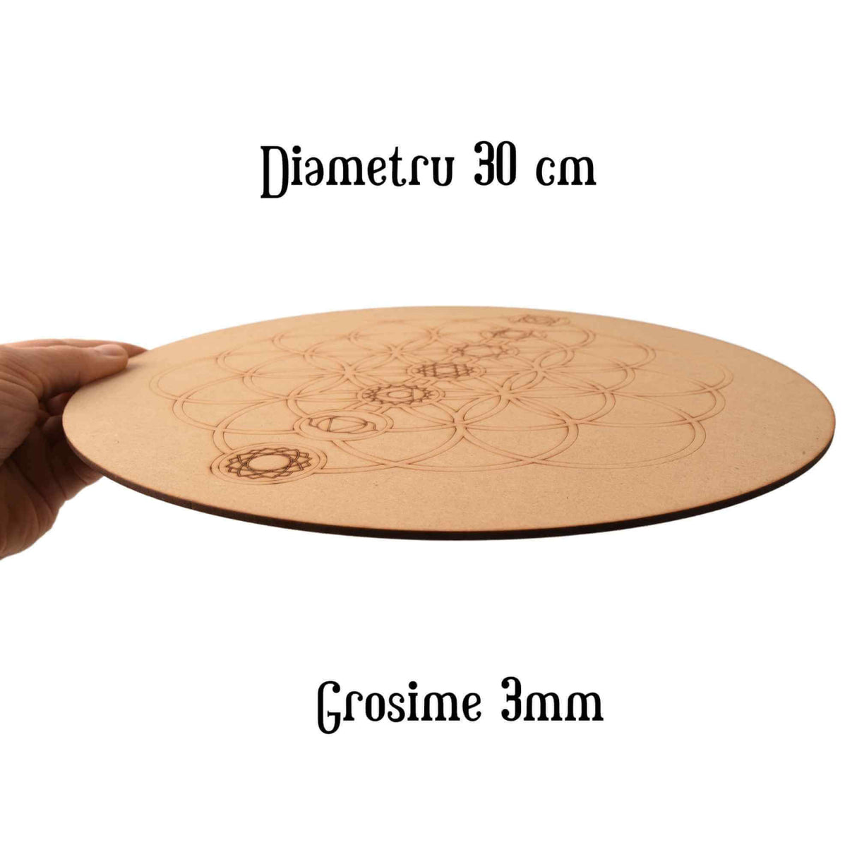 Placa pentru Cristale cu Geometrie Sacra pentru Cele Sapte Chakre - Grid din Lemn MDF 30 cm