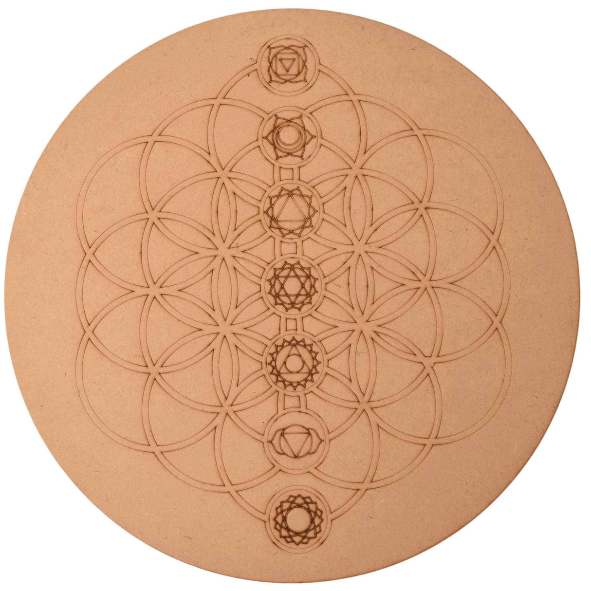 Placa pentru Cristale cu Geometrie Sacra pentru Cele Sapte Chakre - Grid din Lemn MDF 30 cm