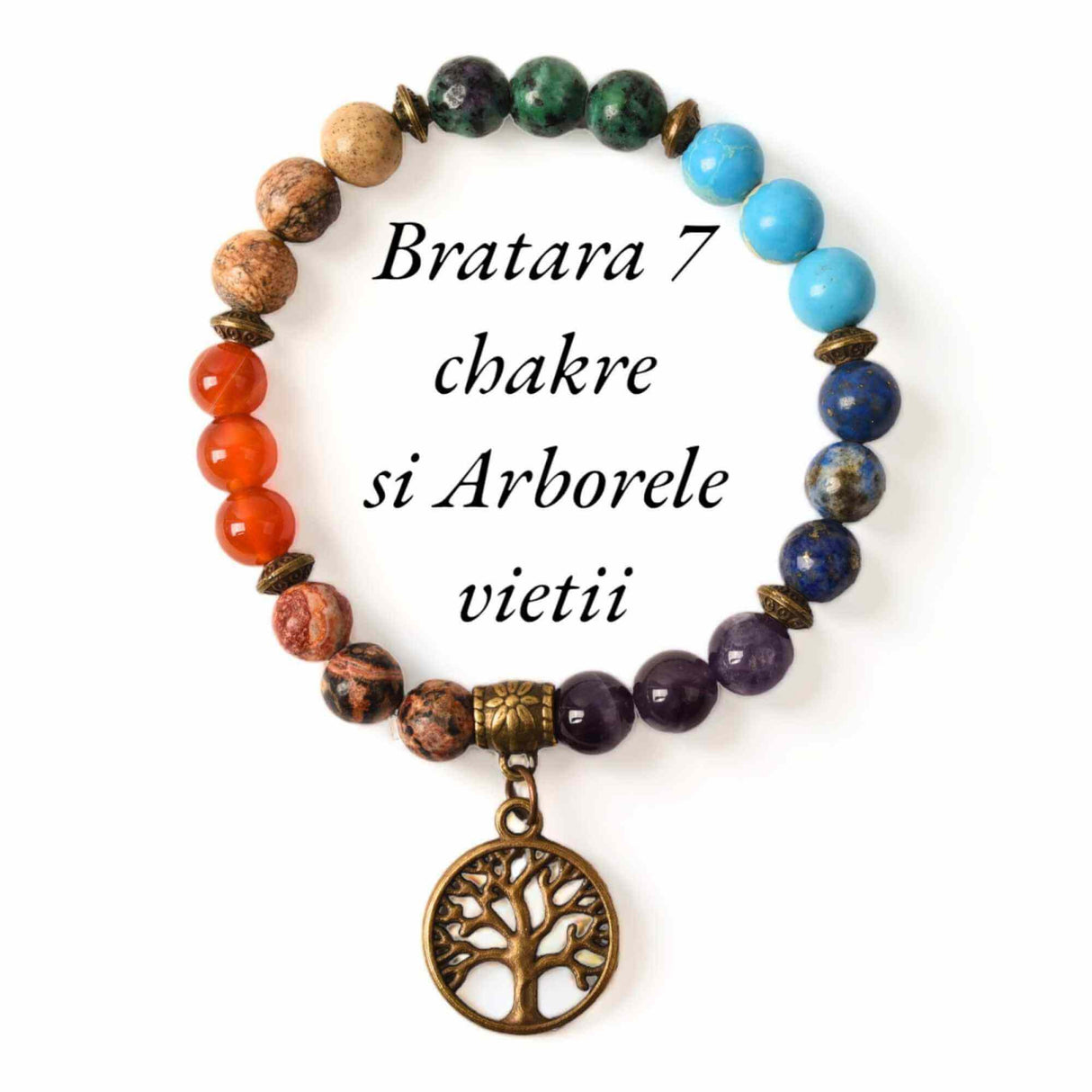 Bratara Elastica cu Pietre Naturale pentru Cele 7 Chakre si Pandantiv cu Arborele Vietii