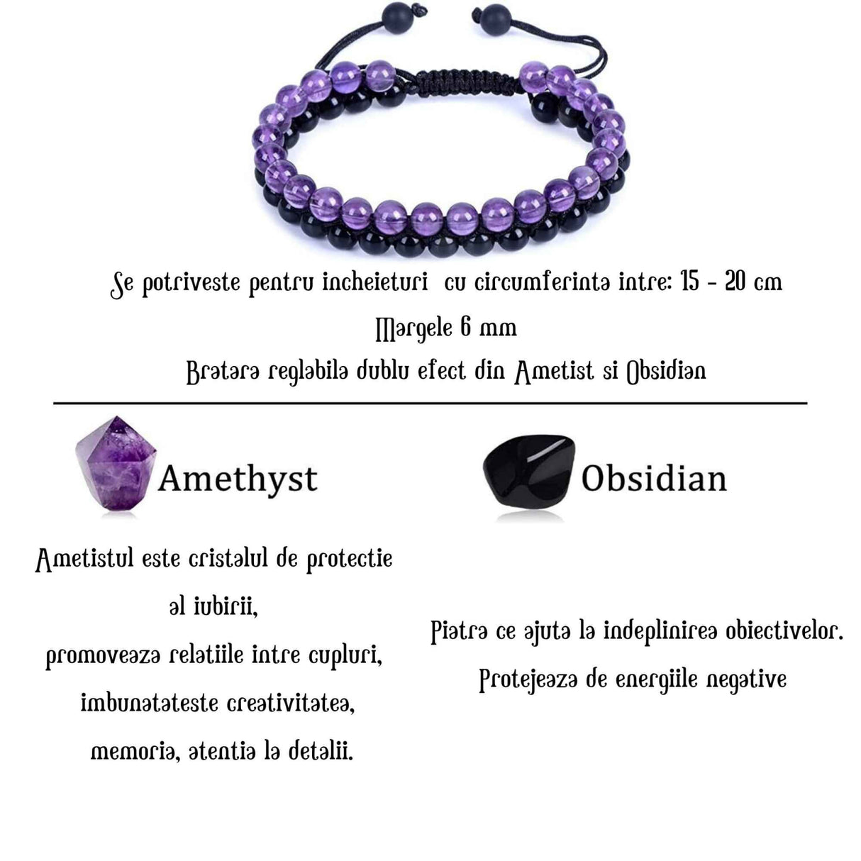 Bratara cu Margele 6 mm din Obsidian si Ametist Pentru Creativitate, Protectie, Concentrare