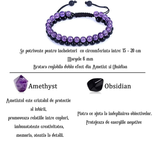 Bratara cu Margele 6 mm din Obsidian si Ametist Pentru Creativitate, Protectie, Concentrare