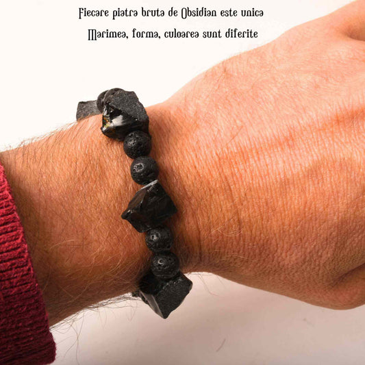 Bratara Ajustabila din Obsidian Negru Brut si Roca Vulcanica Margele de Cristal si Bratara Difuzoare de Ulei Esential pentru Relaxare si Meditatie Yoga