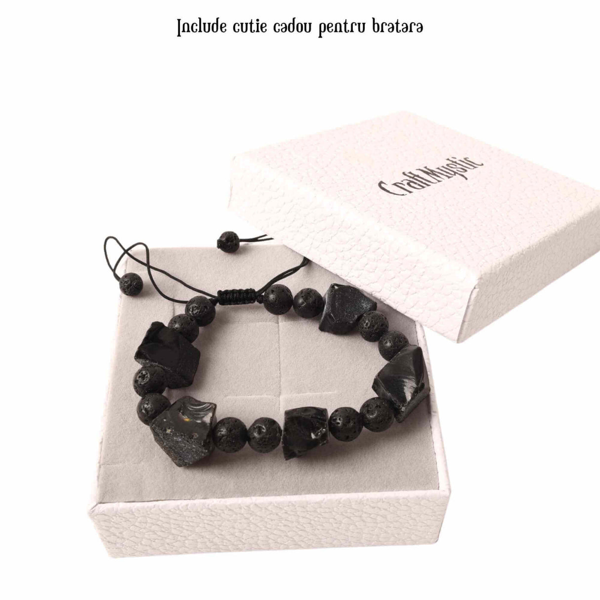 Bratara Ajustabila din Obsidian Negru Brut si Roca Vulcanica Margele de Cristal si Bratara Difuzoare de Ulei Esential pentru Relaxare si Meditatie Yoga