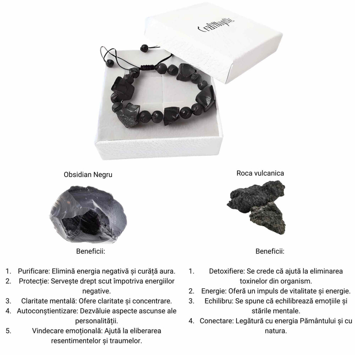 Bratara Ajustabila din Obsidian Negru Brut si Roca Vulcanica Margele de Cristal si Bratara Difuzoare de Ulei Esential pentru Relaxare si Meditatie Yoga