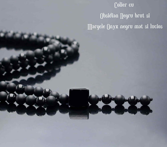 Colier cu Margele din Obsidian Negru si Onyx model Y Piatra Naturala Bruta de Obsidian Accesorizata cu Margele de Cristal Onyx pentru Rugaciune, Vindecare si Energie Reiki