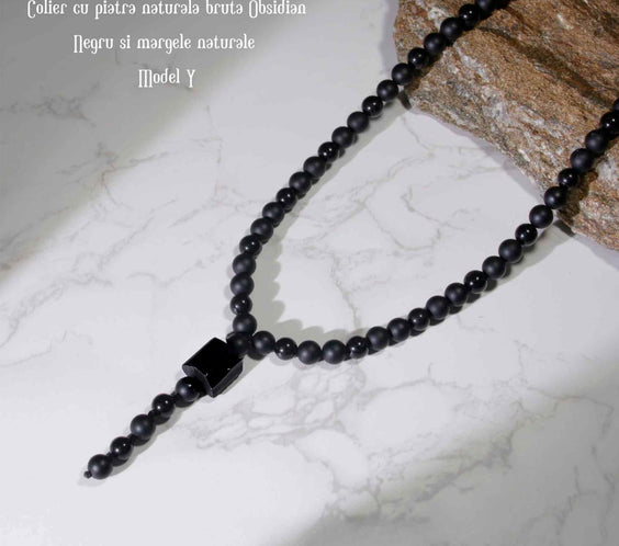 Colier cu Margele din Obsidian Negru si Onyx model Y Piatra Naturala Bruta de Obsidian Accesorizata cu Margele de Cristal Onyx pentru Rugaciune, Vindecare si Energie Reiki