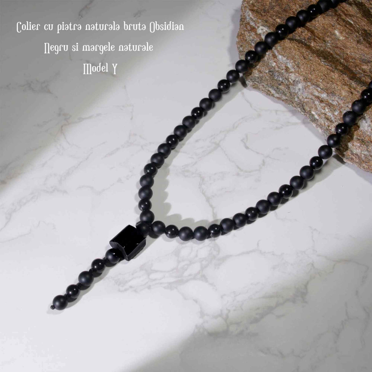 Colier cu Margele din Obsidian Negru si Onyx model Y Piatra Naturala Bruta de Obsidian Accesorizata cu Margele de Cristal Onyx pentru Rugaciune, Vindecare si Energie Reiki