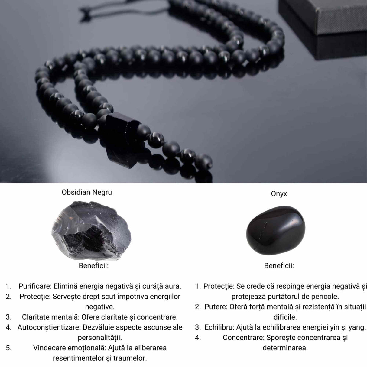 Colier cu Margele din Obsidian Negru si Onyx model Y Piatra Naturala Bruta de Obsidian Accesorizata cu Margele de Cristal Onyx pentru Rugaciune, Vindecare si Energie Reiki