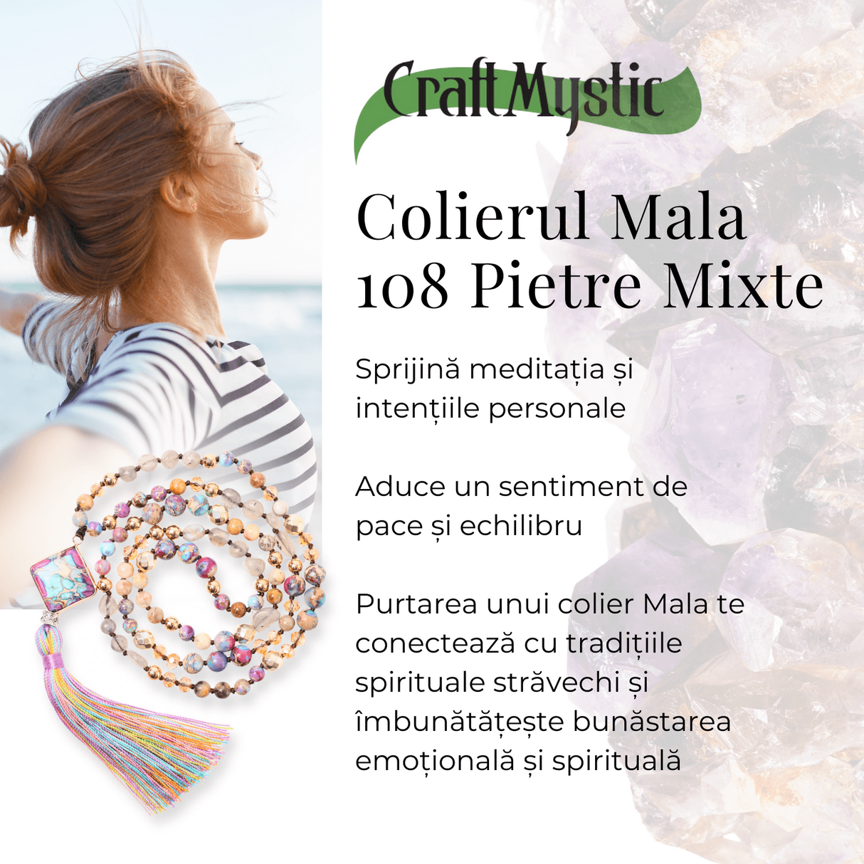 Colier Mala din Pietre Mixte Colorate cu 108 Margele si Tassel