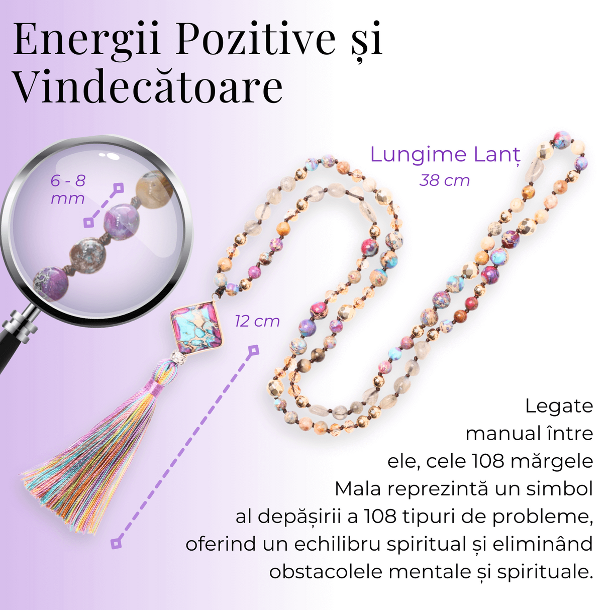 Colier Mala din Pietre Mixte Colorate cu 108 Margele si Tassel