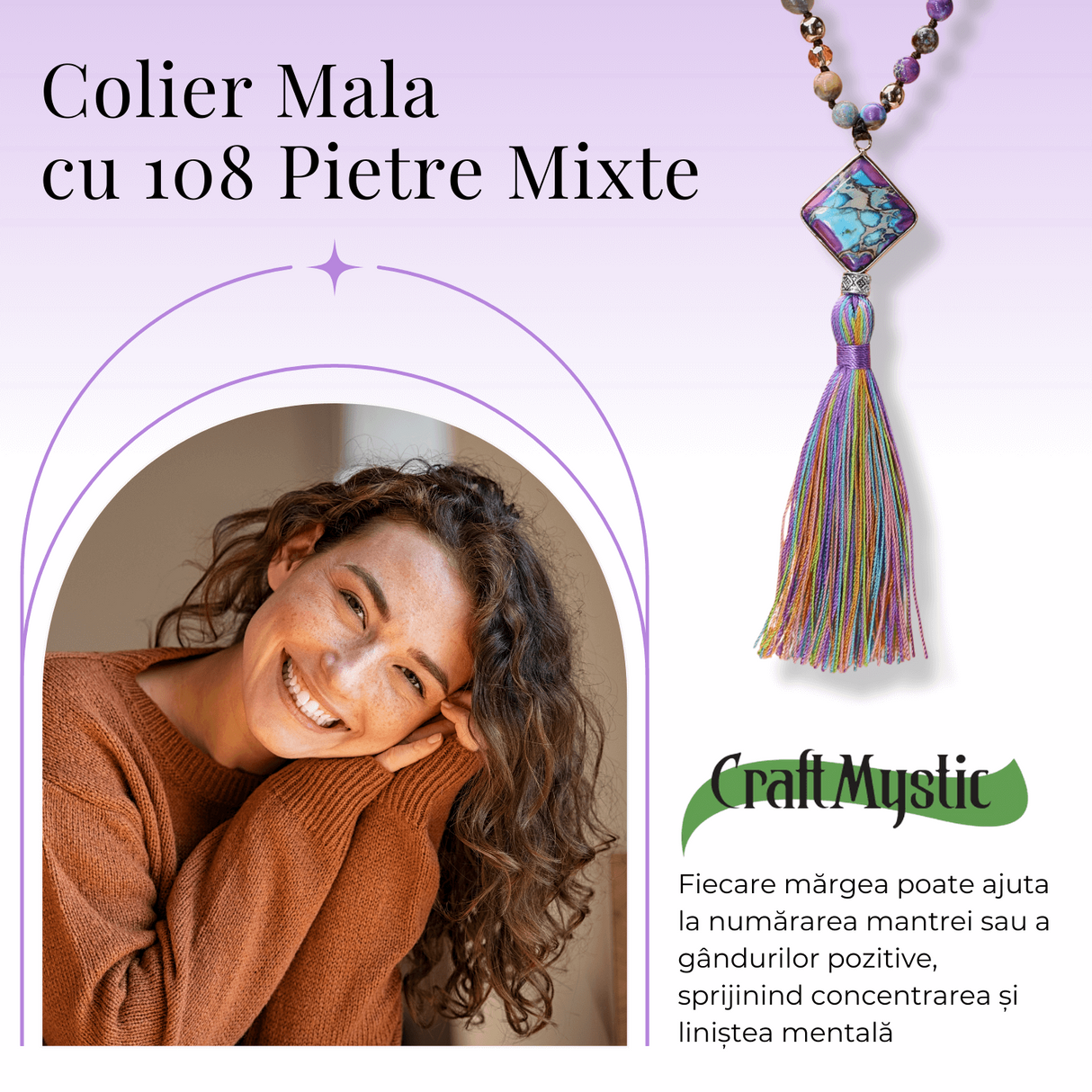 Colier Mala din Pietre Mixte Colorate cu 108 Margele si Tassel