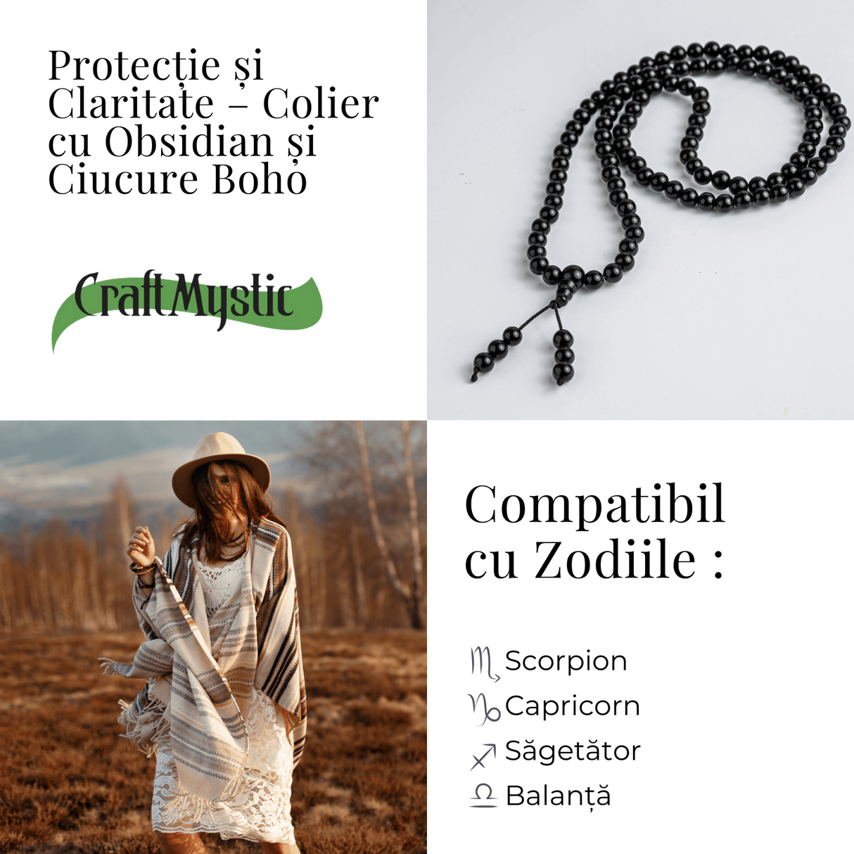 Protectie si Claritate – Colier Mala cu Obsidian si Ciucure Boho